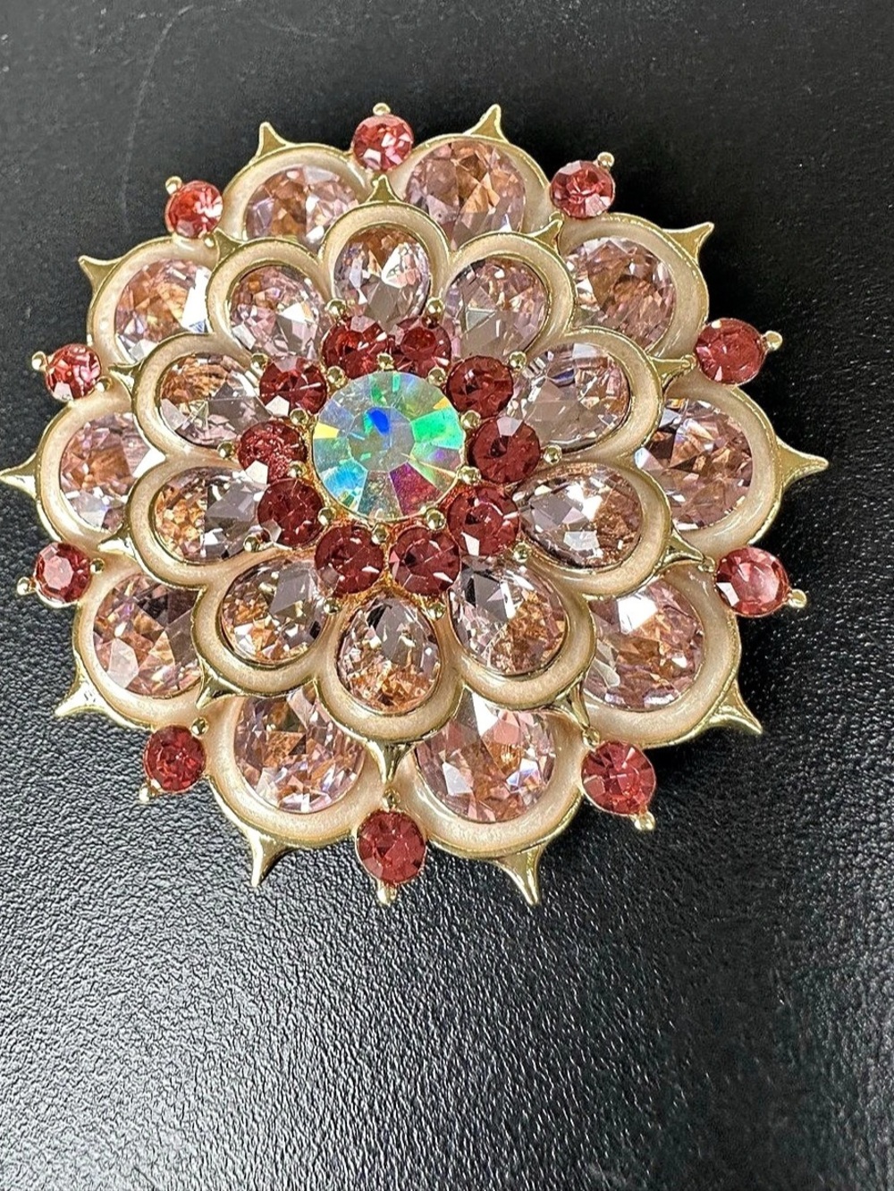 Floral Crystal Brooch in Gold & Pink